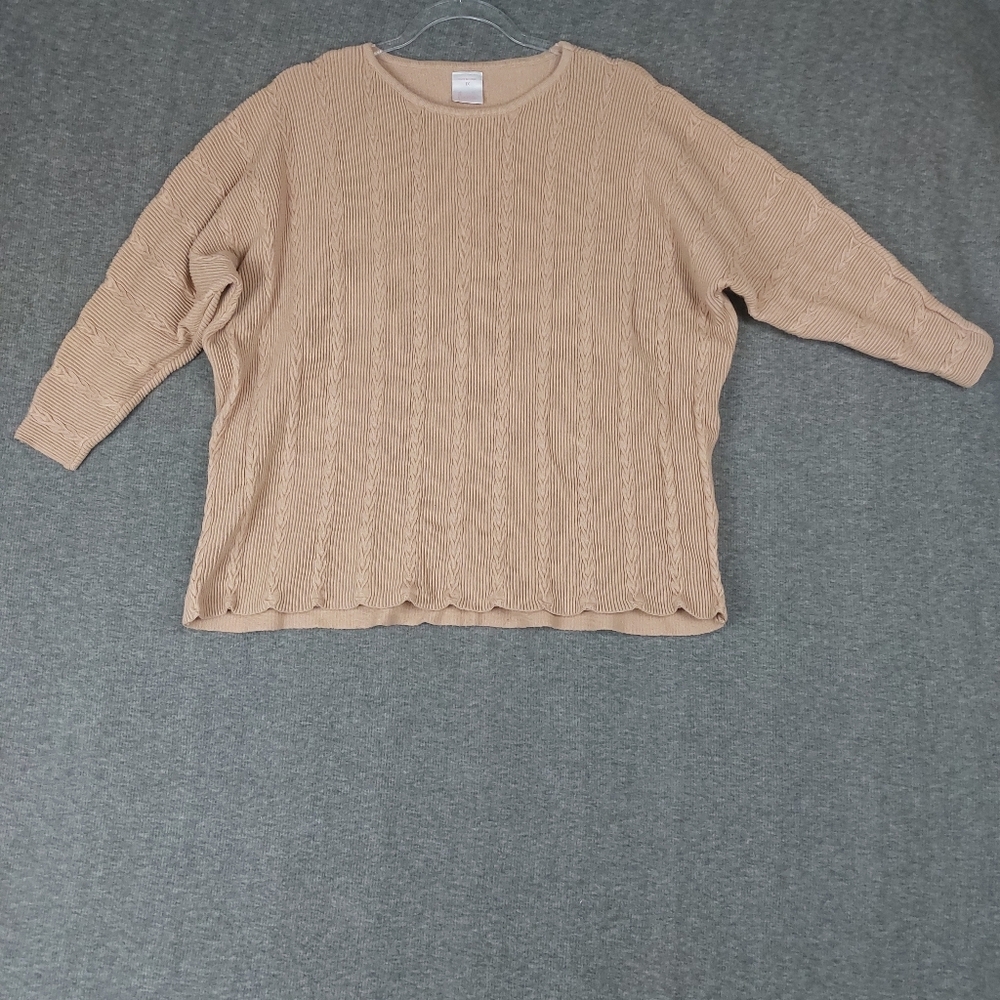 LUNA WOMENS TAN NEUTRAL 3/4 SLEEVE CREW NECK CABLE KNIT SWEATER SIZE 1X